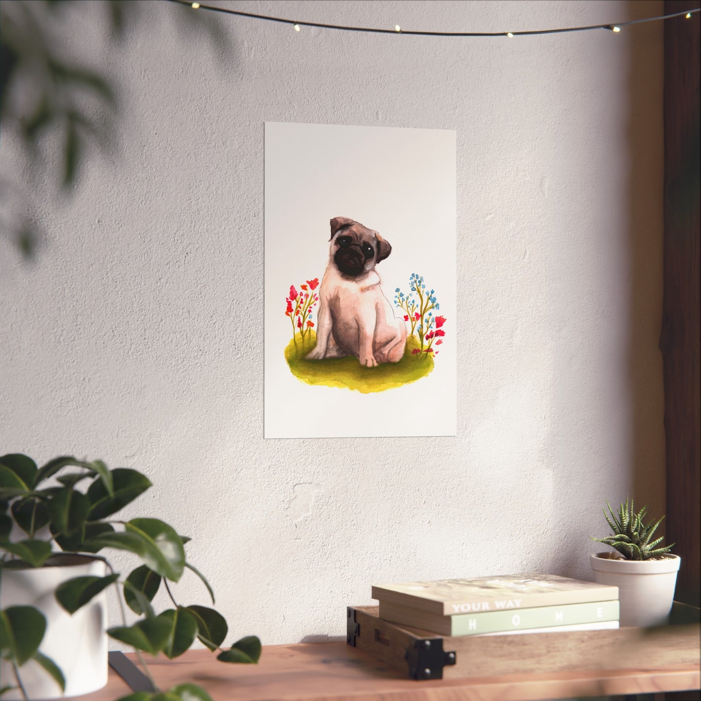 Cute Watercolor Pug Fine Art Poster, Pug Lover Watercolor, Pug gift, Dog mom art poster, cute art print, Pug in flowers art print