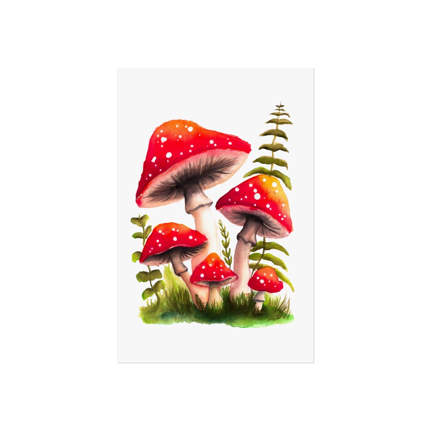 Pretty red watercolor mushroom art print, colorful mushroom art poster, pretty red mushrooms and grass poster, watercolor magic mushrooms