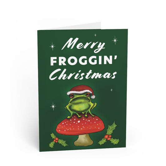 Funny Cottagecore Frog Christmas Card, Merry Froggin Christmas, Punny christmas card, frog lover christmas gift for her, frog gift