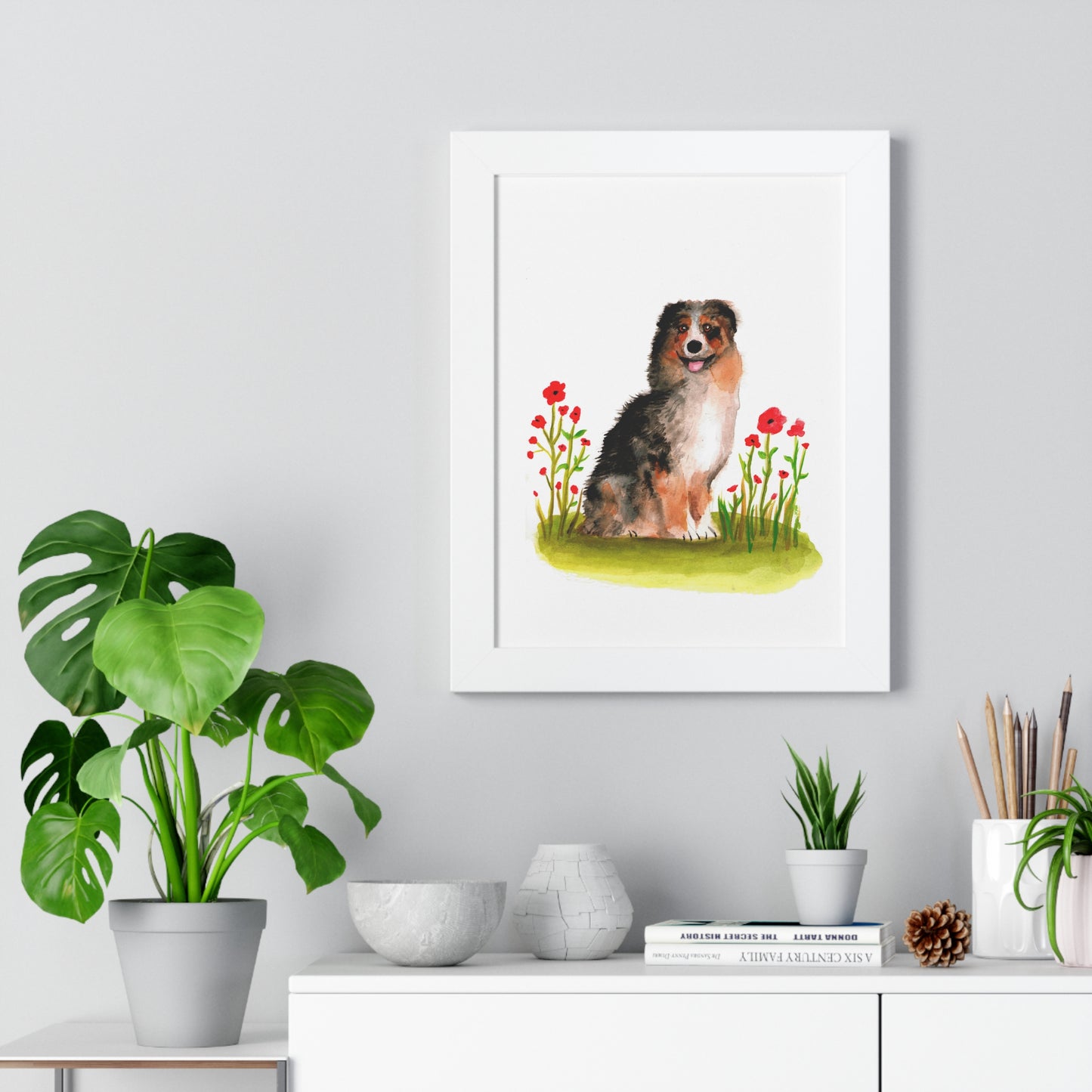 Watercolor Australian Shepherd Art Print, Cute Watercolor Art poster, Framed Art Poster