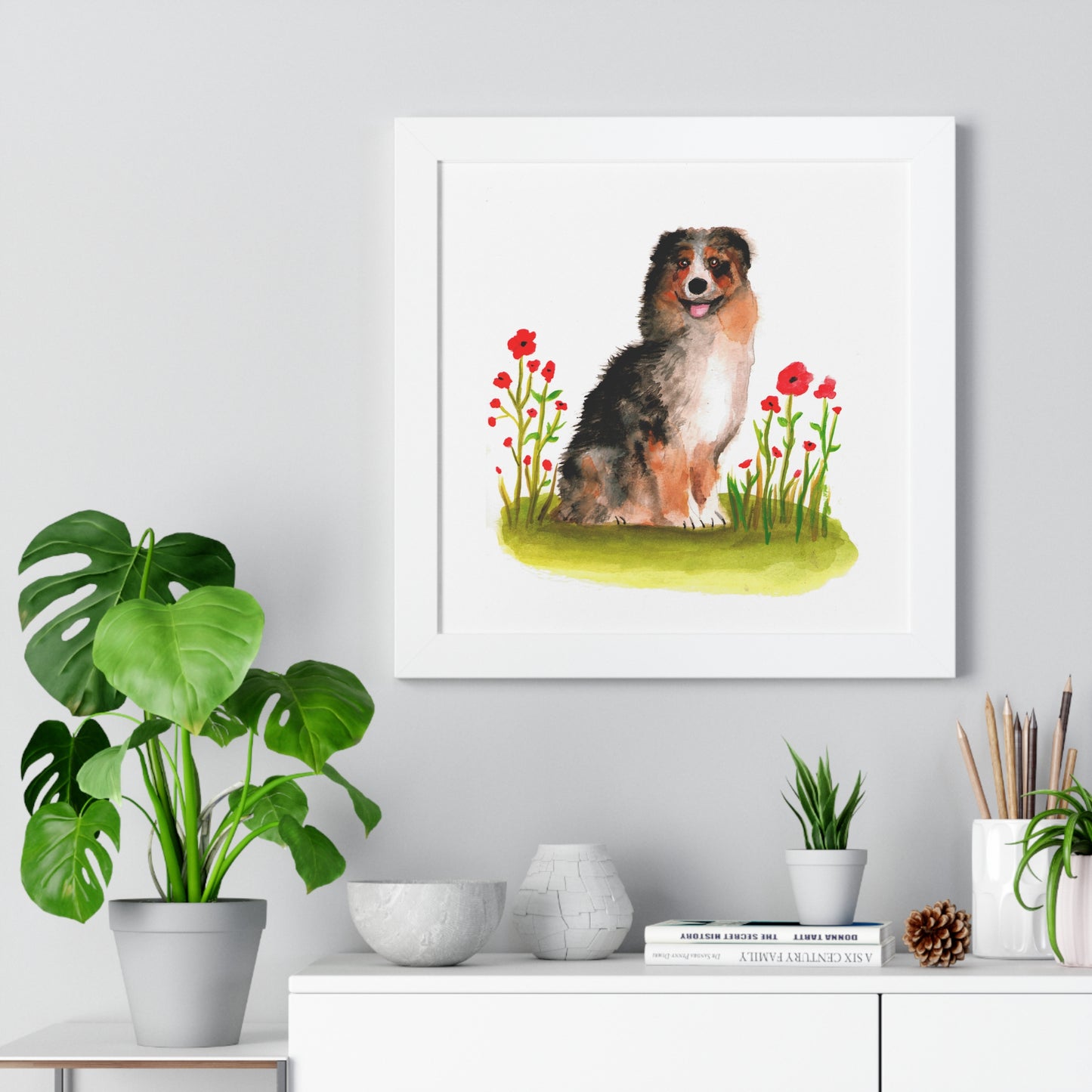 Watercolor Australian Shepherd Art Print, Cute Watercolor Art poster, Framed Art Poster