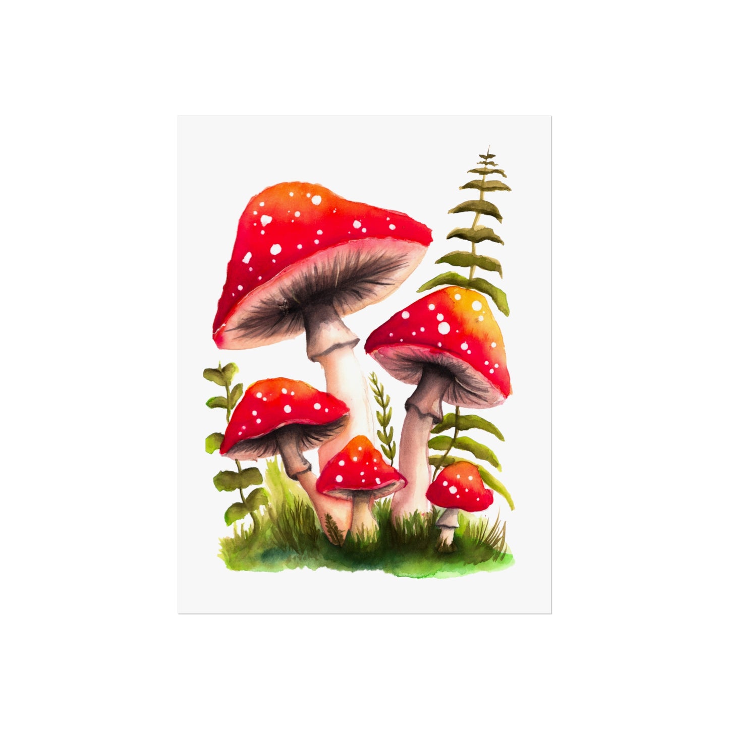 Pretty red watercolor mushroom art print, colorful mushroom art poster, pretty red mushrooms and grass poster, watercolor magic mushrooms