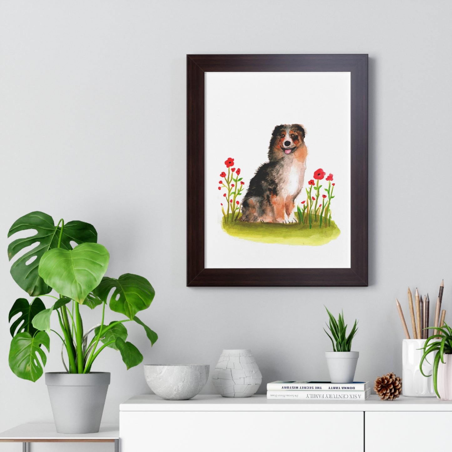 Watercolor Australian Shepherd Art Print, Cute Watercolor Art poster, Framed Art Poster