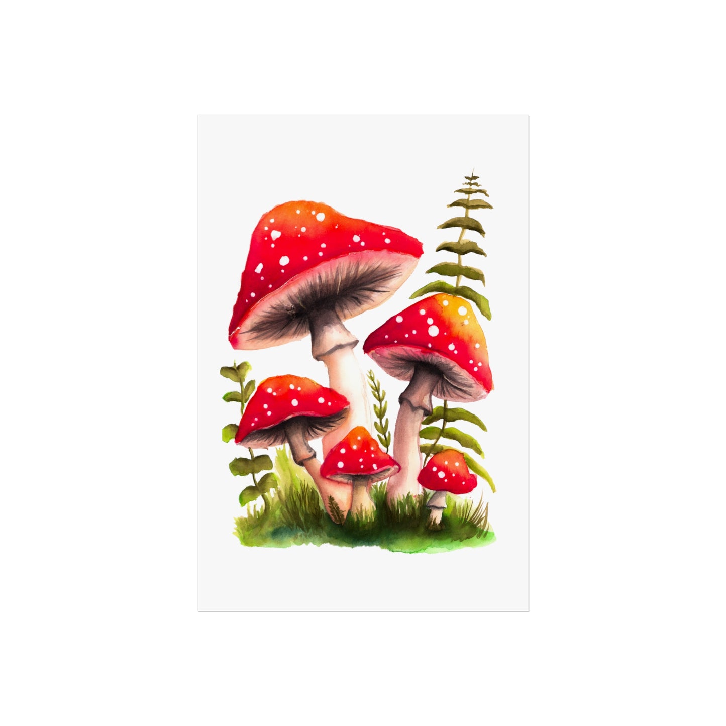 Pretty red watercolor mushroom art print, colorful mushroom art poster, pretty red mushrooms and grass poster, watercolor magic mushrooms