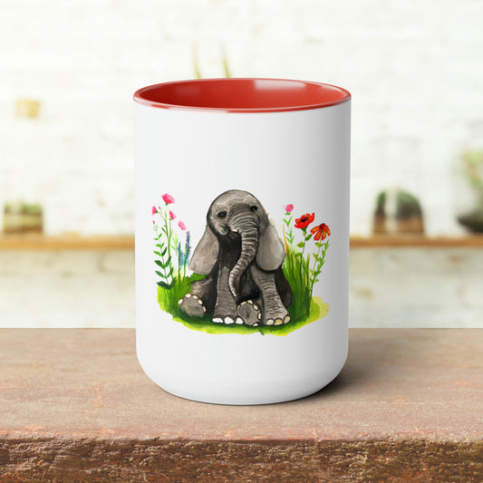 Cute Baby elephant mug, two toned cute baby elephant mug, Cute 15 oz accent handle mug, Large 15 oz Mug