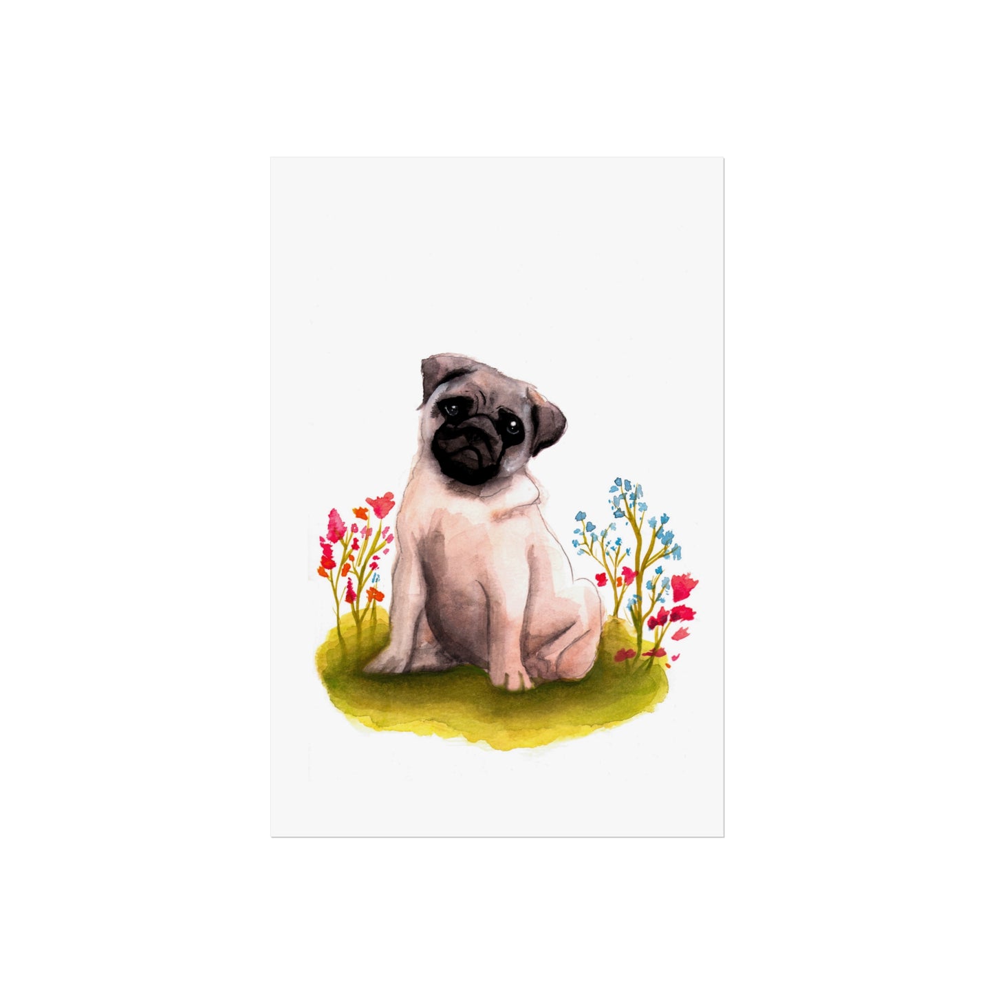 Cute Watercolor Pug Fine Art Poster, Pug Lover Watercolor, Pug gift, Dog mom art poster, cute art print, Pug in flowers art print