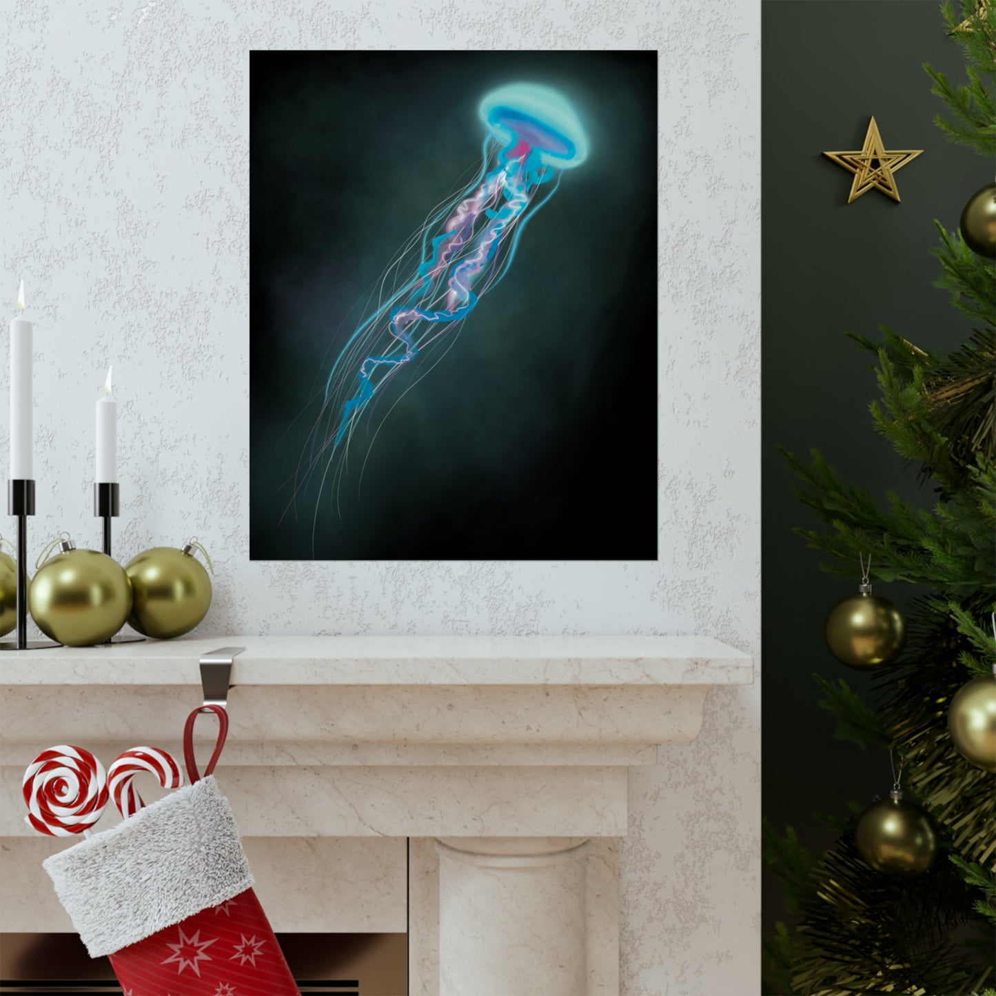 Bioluminescent Trippy Jellyfish Poster, Colorful Bioluminescent Jellyfish, Glowing pretty jellyfish, jellyfish lover, glowing bioluminescent art