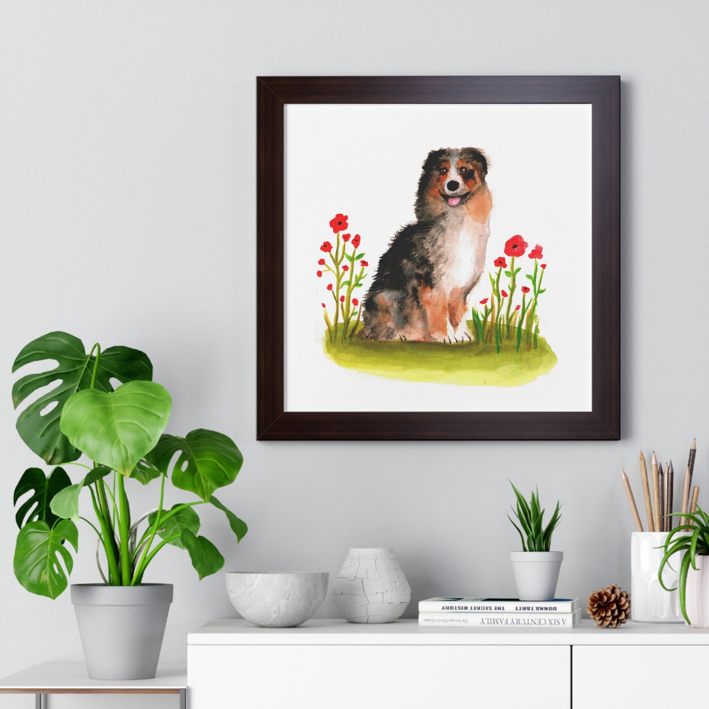 Watercolor Australian Shepherd Art Print, Cute Watercolor Art poster, Framed Art Poster