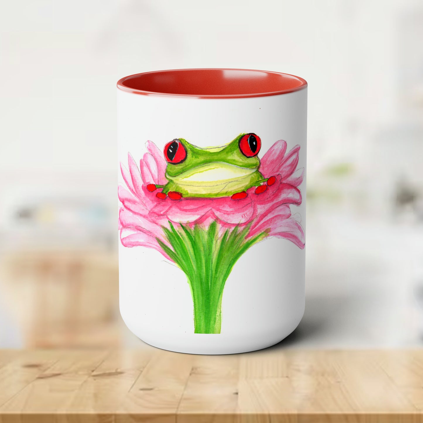 Cute Frog Mug, Cute pink watercolor frog mug, fun cute frog, watercolor flower mug, wildflower, floral mug