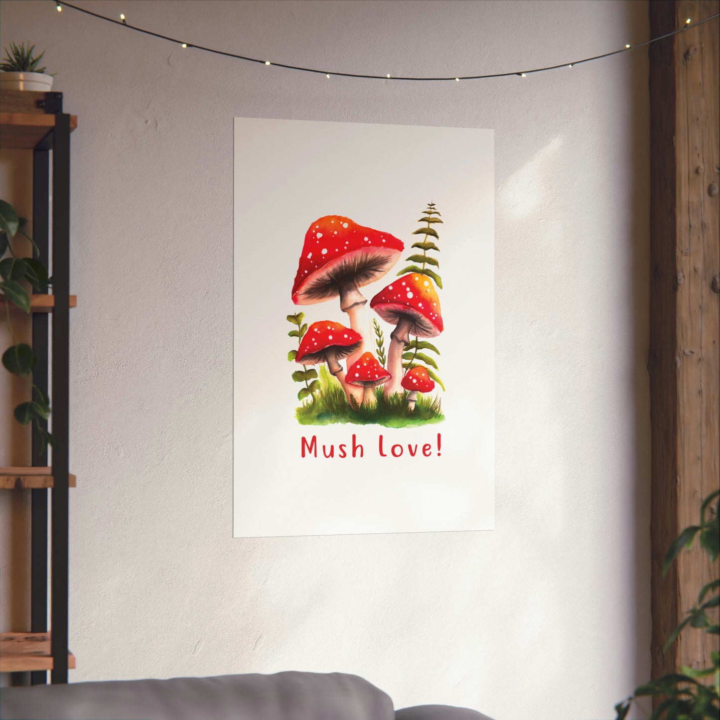 Cute Watercolor Mushroom Wall Art poster, Mush Love Bedroom Mushroom wall art cute wall art, red mushroom poster