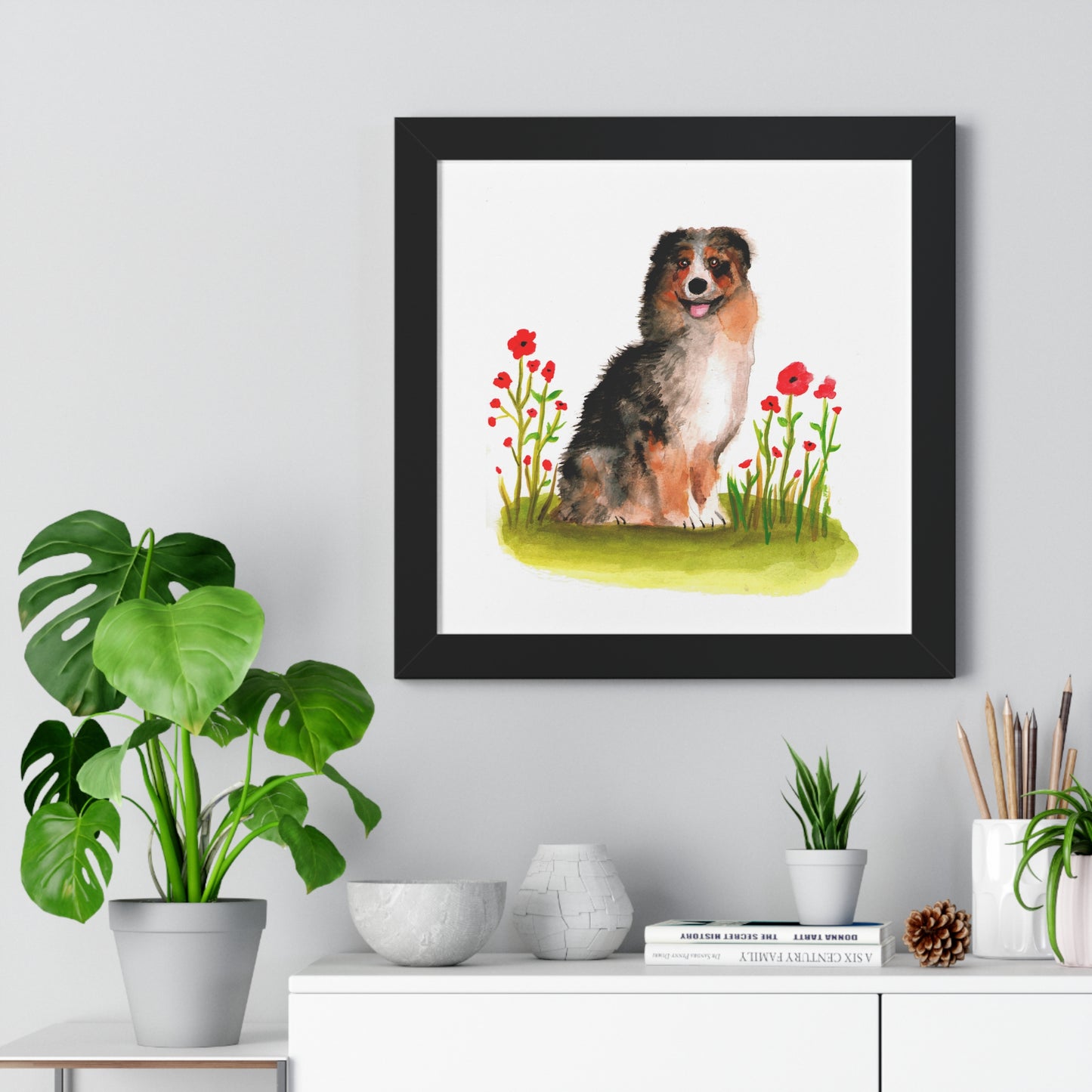 Watercolor Australian Shepherd Art Print, Cute Watercolor Art poster, Framed Art Poster