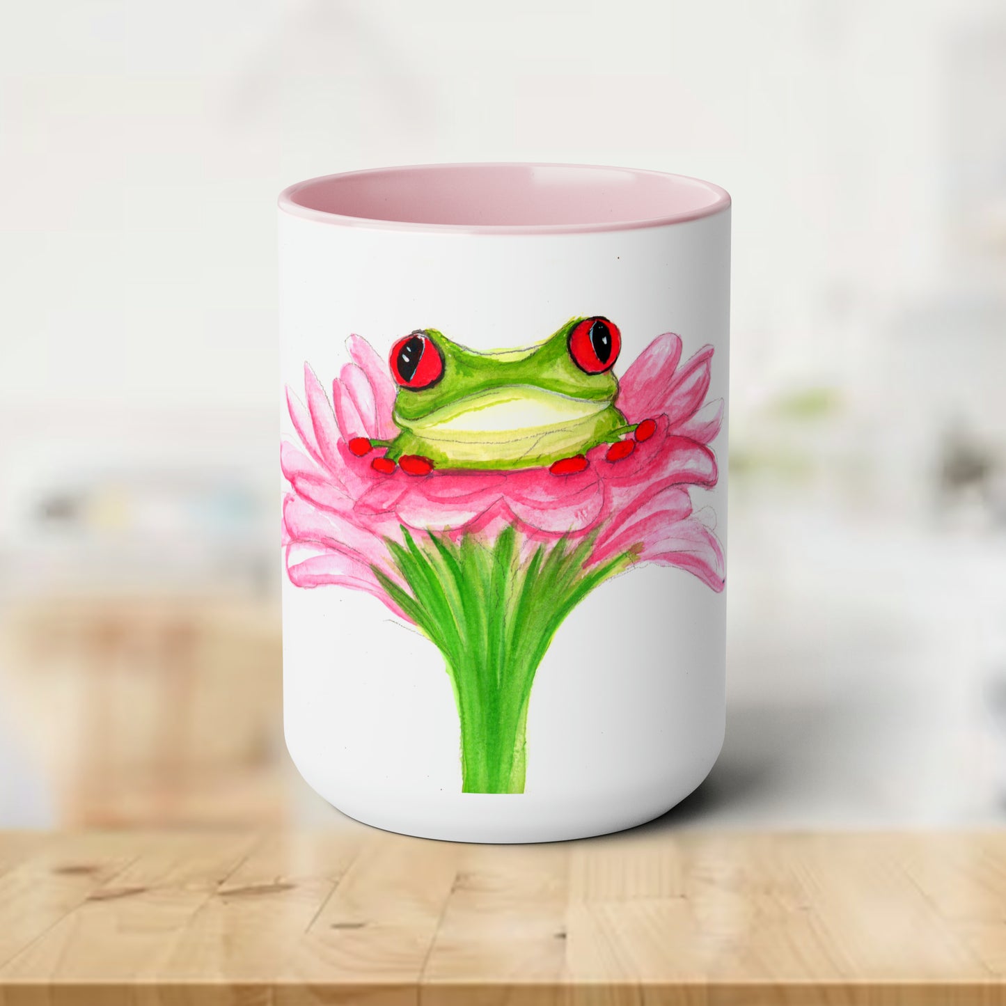 Cute Frog Mug, Cute pink watercolor frog mug, fun cute frog, watercolor flower mug, wildflower, floral mug