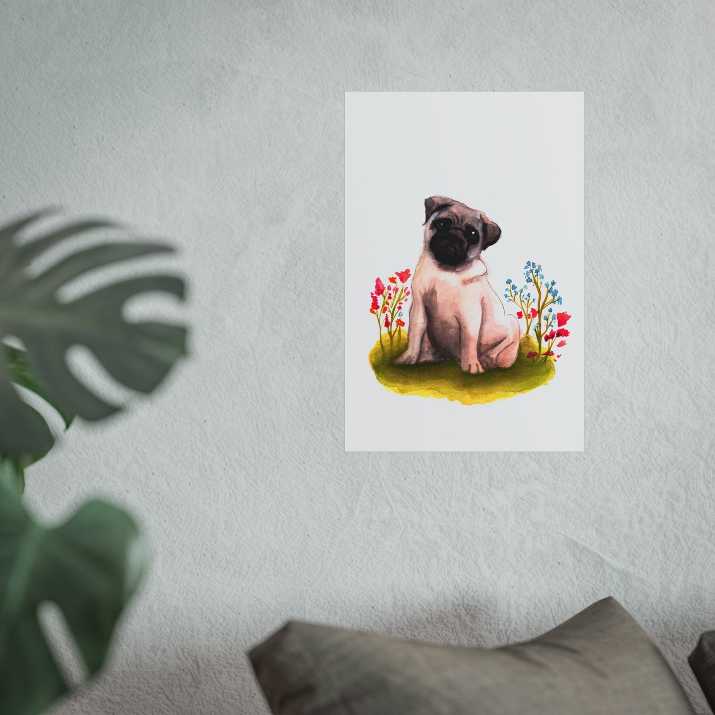 Cute Watercolor Pug Fine Art Poster, Pug Lover Watercolor, Pug gift, Dog mom art poster, cute art print, Pug in flowers art print