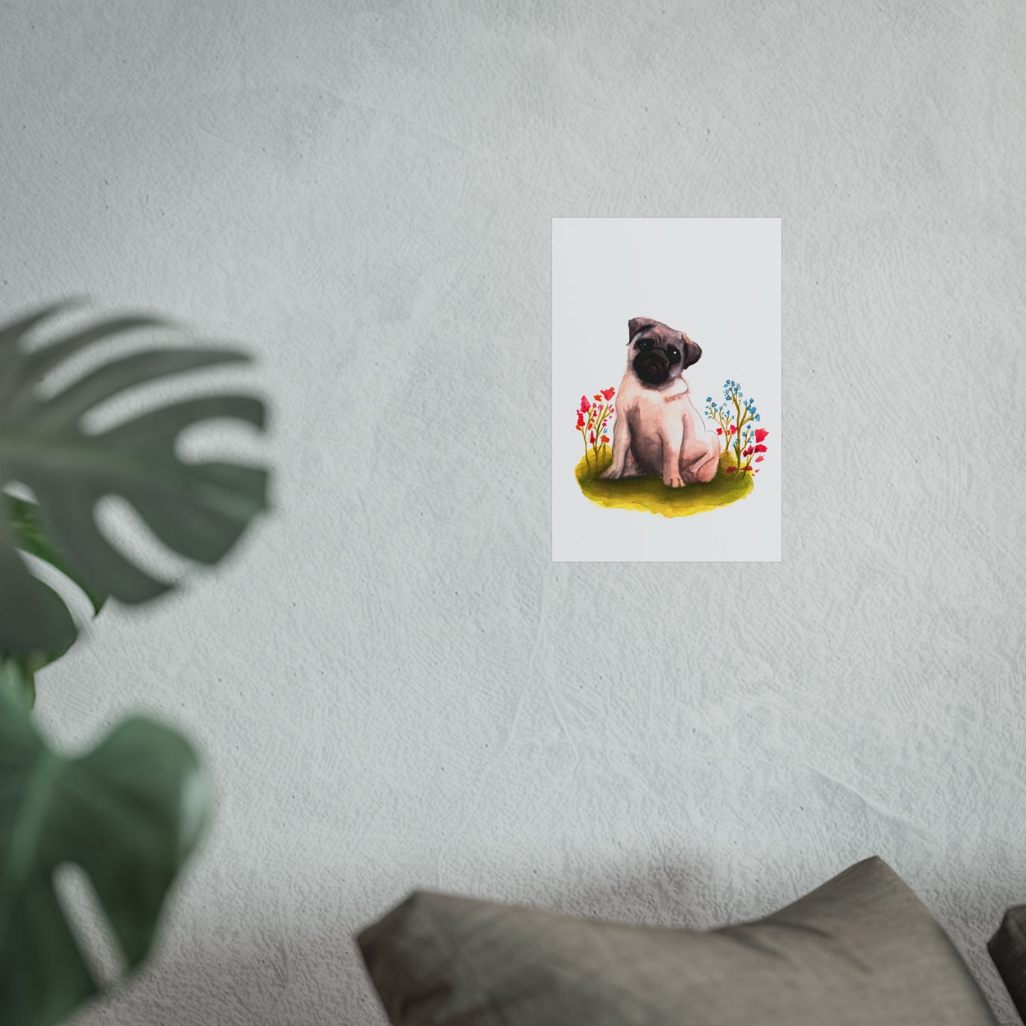 Cute Watercolor Pug Fine Art Poster, Pug Lover Watercolor, Pug gift, Dog mom art poster, cute art print, Pug in flowers art print