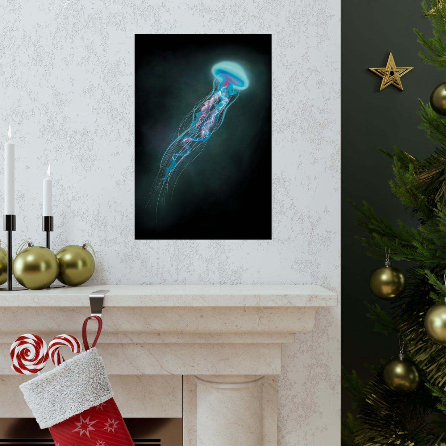 Bioluminescent Trippy Jellyfish Poster, Colorful Bioluminescent Jellyfish, Glowing pretty jellyfish, jellyfish lover, glowing bioluminescent art