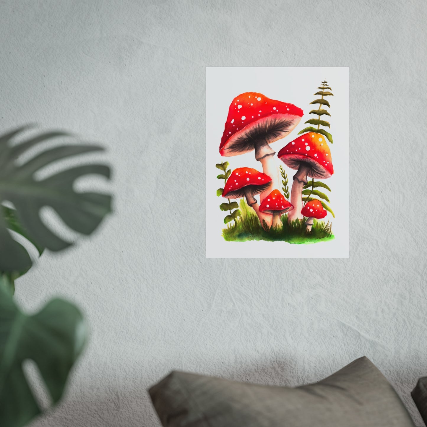 Pretty red watercolor mushroom art print, colorful mushroom art poster, pretty red mushrooms and grass poster, watercolor magic mushrooms