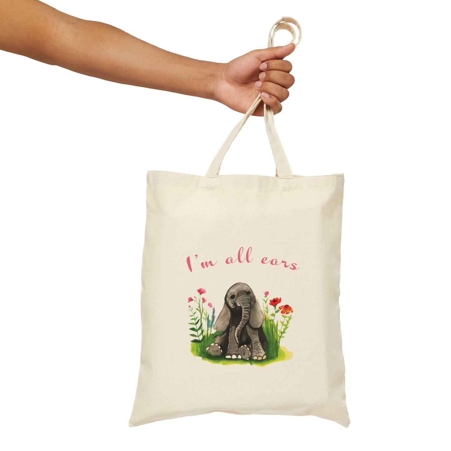 Cute watercolor baby elephant tote bag, I'm all ears cute tote bag, baby elephant animal lover tote bag