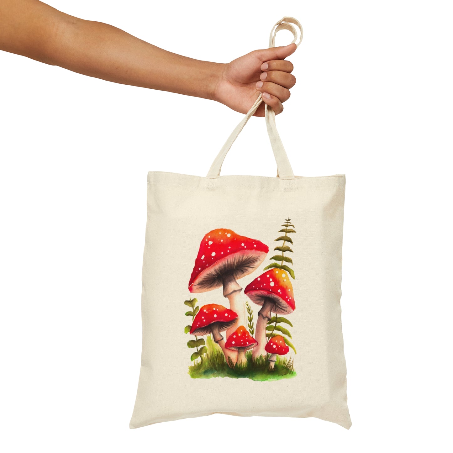 Pretty Watercolor mushrooms on cotton canvas tote, trendy mushrooms, magic mushrooms, watercolor painting shrooms tote