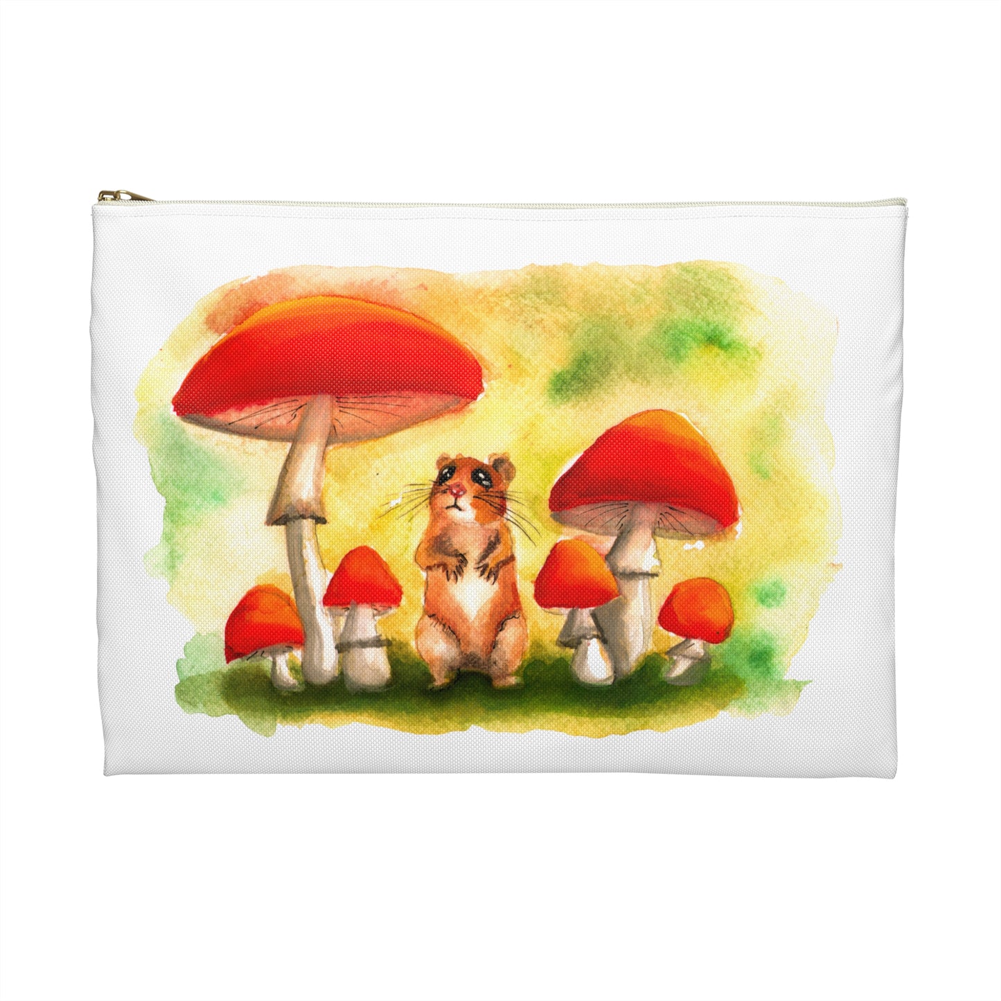 Cute Mouse in Mushrooms Watercolor painting, Makeup bag/ accessory bag