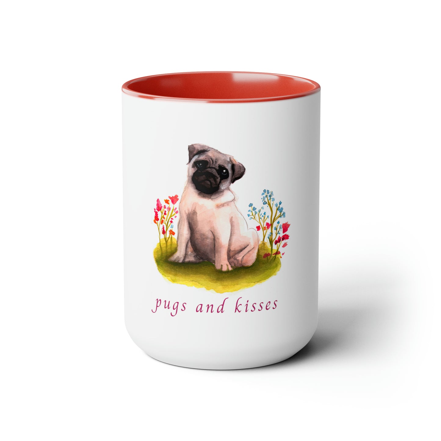 Cute Watercolor Painting pug mug, Cute Pug and flowers Mug, Floral Mug, Pug Lover cute Mug, Watercolor Pug painting, cute floral pug painting mug, 15 oz mug