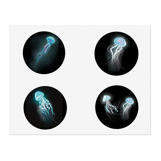 Pretty Cool Bioluminescent Jellyfish Sticker Sheet, Cool pretty glowing jellyfish, bioluminescent art, sticker sheet set of 4 stickers