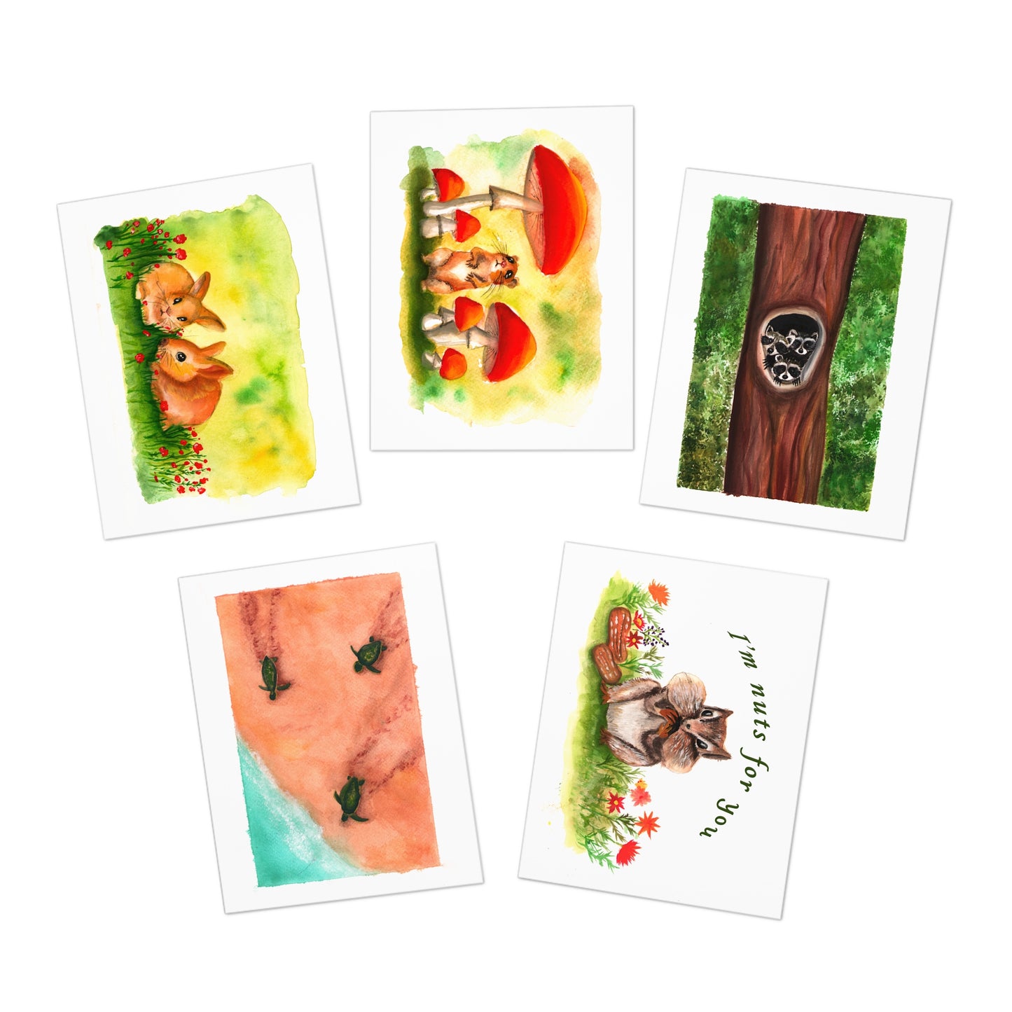 Cute watercolor Baby Animals Greeting card bundle, cute cards, set of 5 cards, illustration cards, cute baby raccoon card, cute mushroom cards