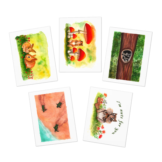 Cute watercolor Baby Animals Greeting card bundle, cute cards, set of 5 cards, illustration cards, cute baby raccoon card, cute mushroom cards