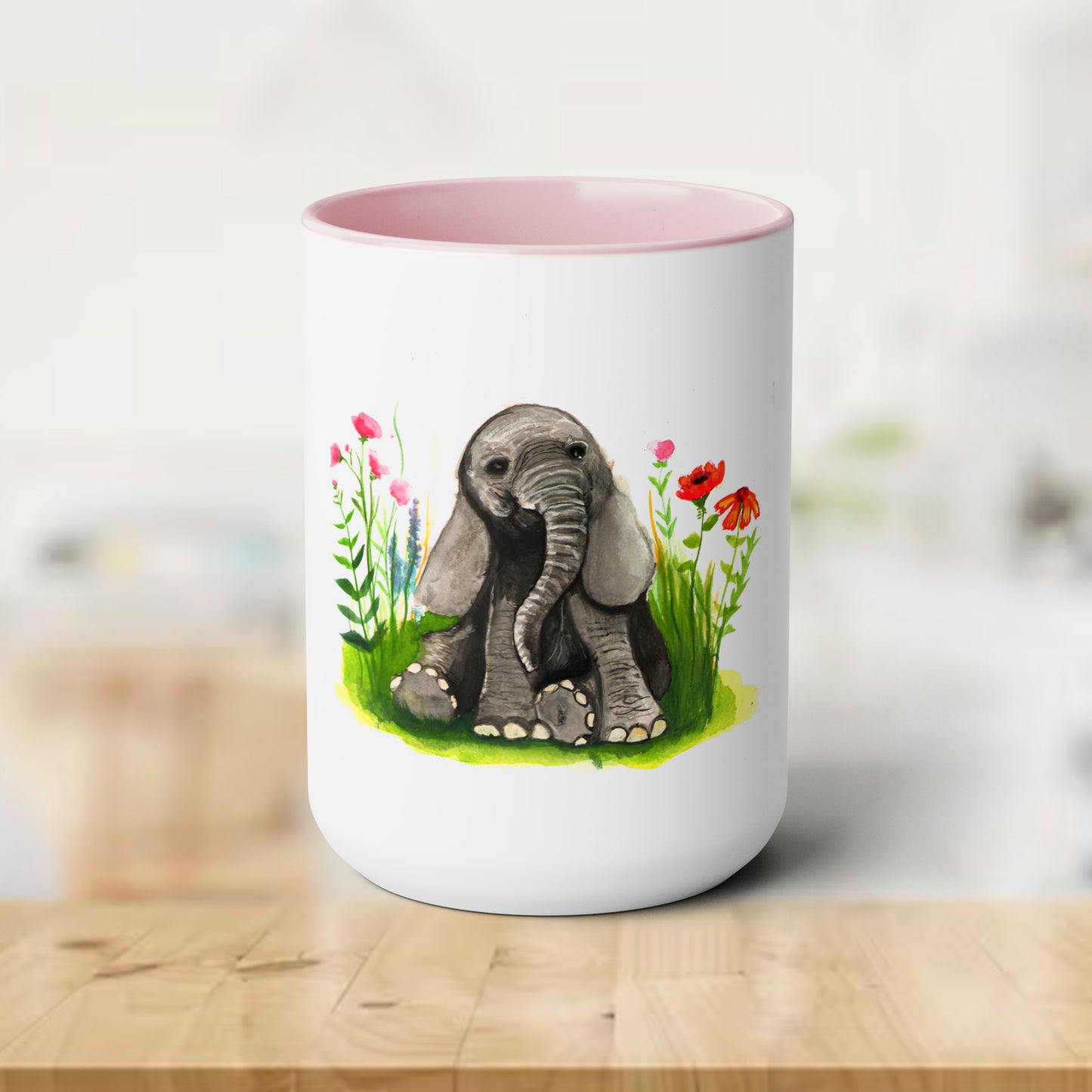 watercolor Baby elephant in flowers mug, Cute baby animal mugs, gift idea for elephant lover