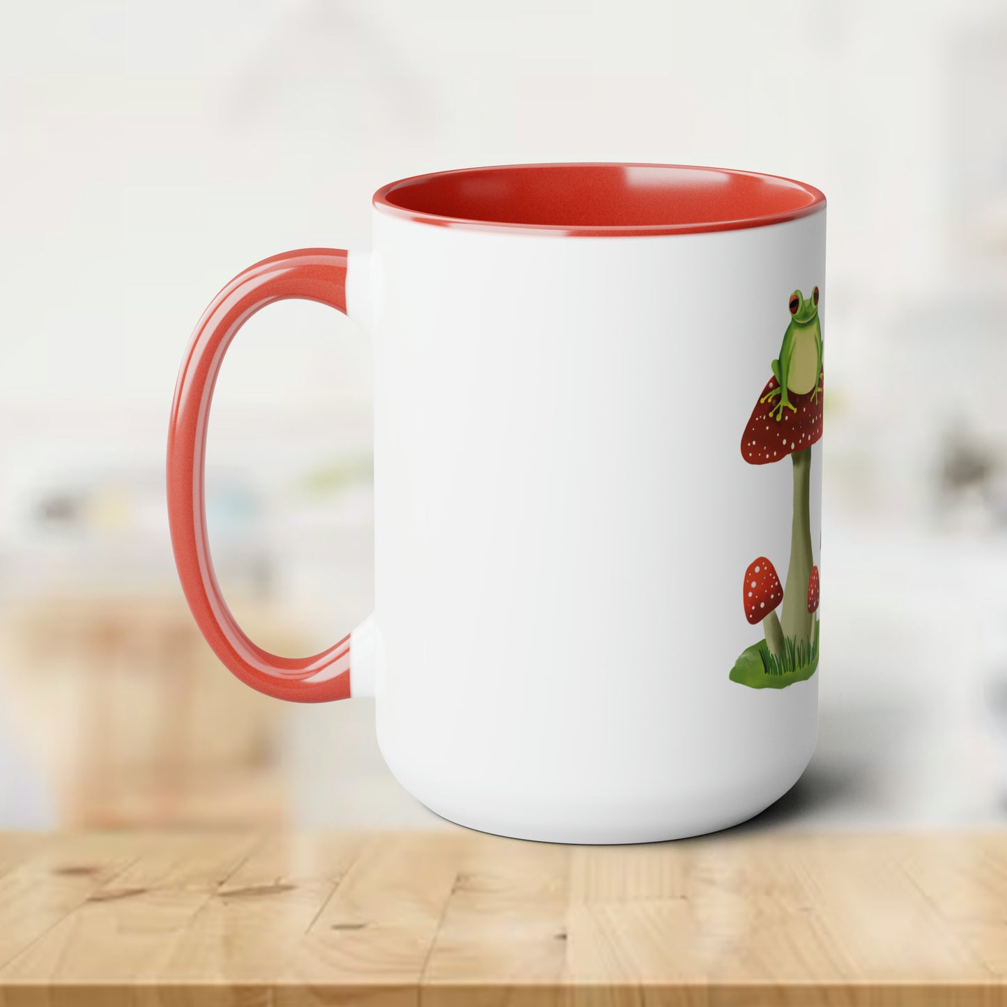 Cute Frogs on Mushrooms Mug, Funny Mug, Cute Frogs on Shrooms, We're On shrooms mug, Toadstool Aesthetic Two-Tone Coffee Mugs, 15oz