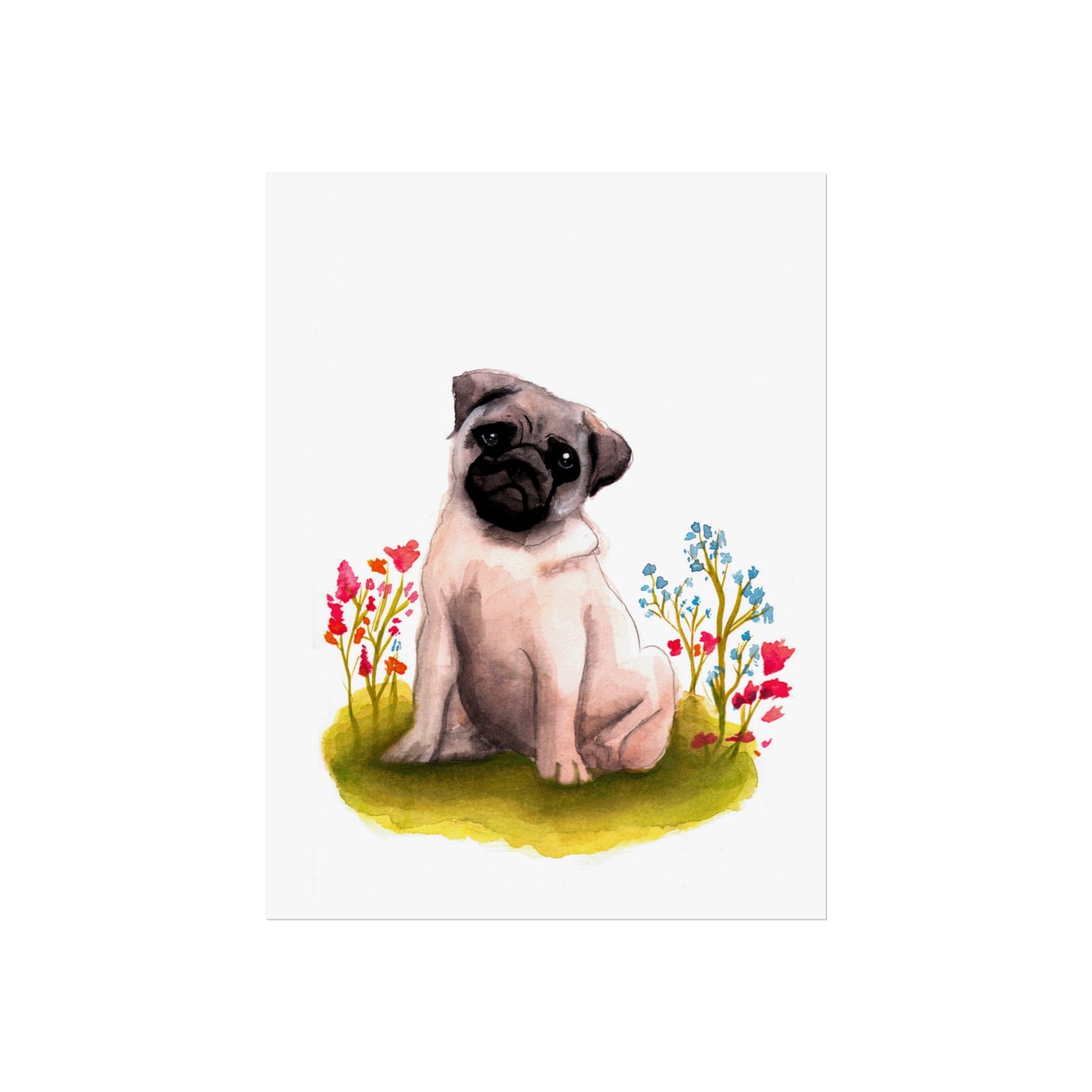 Cute Watercolor Pug Fine Art Poster, Pug Lover Watercolor, Pug gift, Dog mom art poster, cute art print, Pug in flowers art print