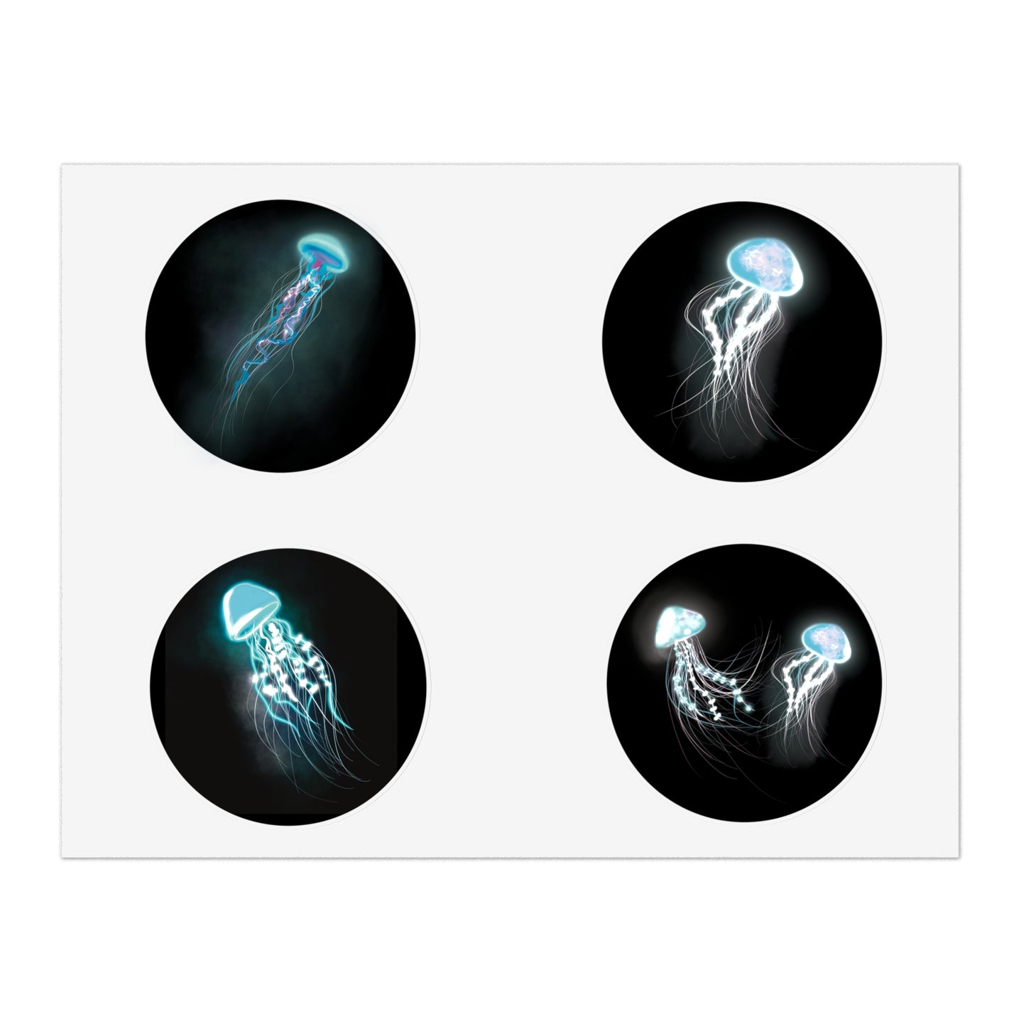 Pretty Cool Bioluminescent Jellyfish Sticker Sheet, Cool pretty glowing jellyfish, bioluminescent art, sticker sheet set of 4 stickers