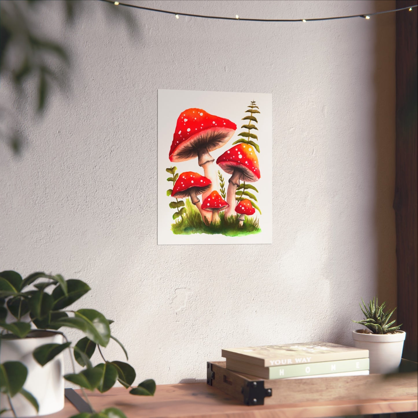 Pretty red watercolor mushroom art print, colorful mushroom art poster, pretty red mushrooms and grass poster, watercolor magic mushrooms