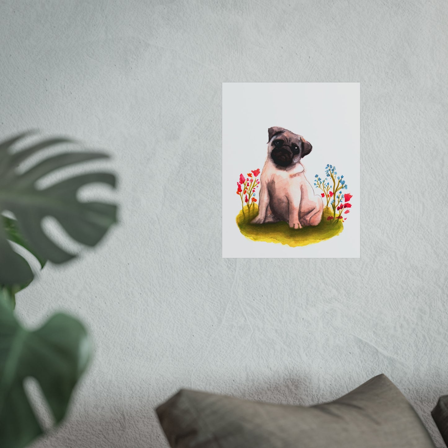 Cute Watercolor Pug Fine Art Poster, Pug Lover Watercolor, Pug gift, Dog mom art poster, cute art print, Pug in flowers art print