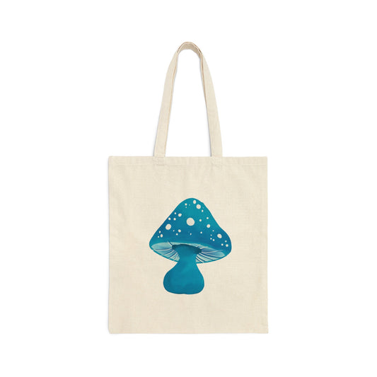 Cute Blue Mushroom Cotton Canvas Tote Bag, blue mushroom art tote bag, reusable tote bag, cute mushroom aesthetic tote