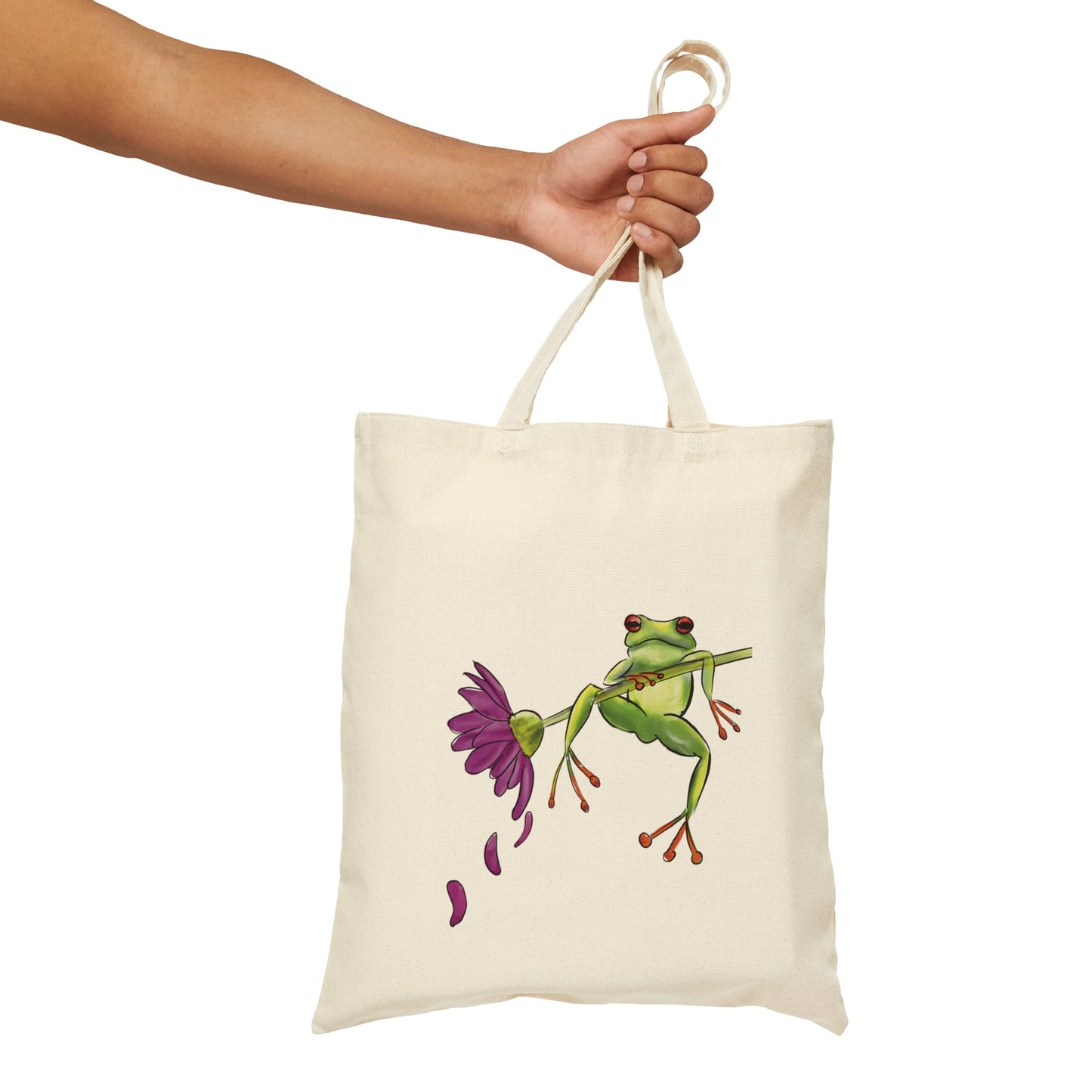 Cute Frog Flower Art Cotton Canvas Tote Bag, Frog on flower cute, frog aesthetic tote bag, toadstool bag, funny tote bag cute, frog flower