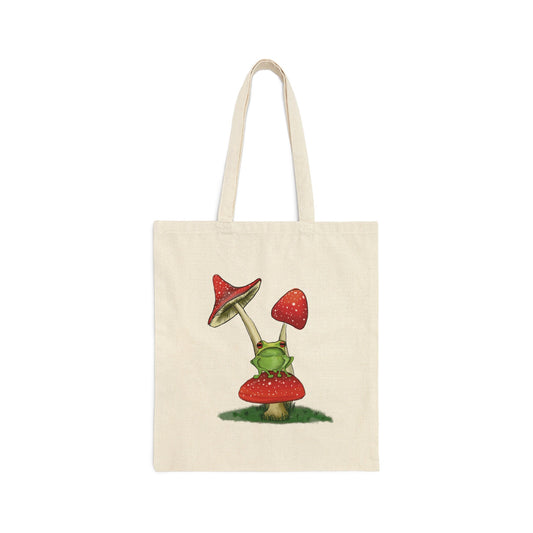 Cute Frog on Mushroom Cotton Canvas Tote Bag, Frog Lover Cute Funny Frog Lover Art Cotton Tote Bag, Frog toadstool reusable tote bag, cute