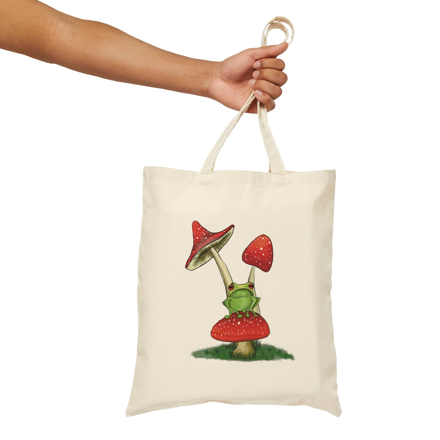 Cute Frog on Mushroom Cotton Canvas Tote Bag, Frog Lover Cute Funny Frog Lover Art Cotton Tote Bag, Frog toadstool reusable tote bag, cute