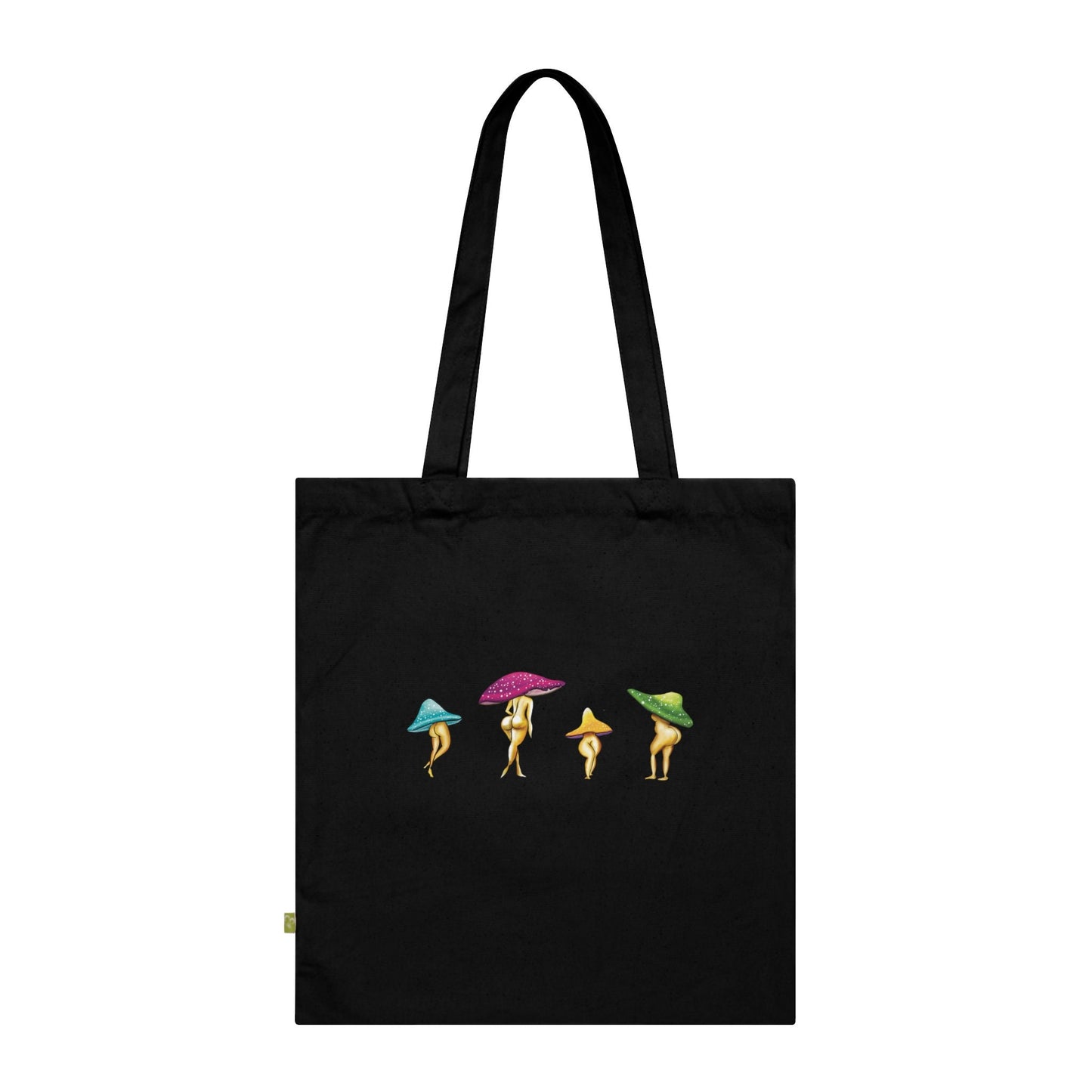 Cute Funny Colorful Mushroom Lady Tote Bag, Black Organic Tote bag funny mushroom lover gift, magic mushroom ladies, Mushroom booty