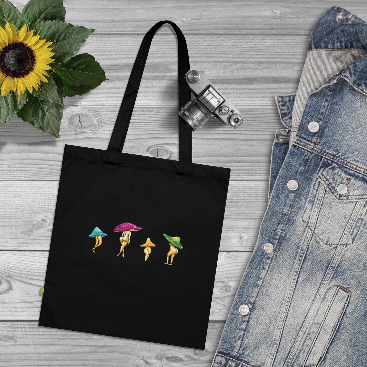 Cute Funny Colorful Mushroom Lady Tote Bag, Black Organic Tote bag funny mushroom lover gift, magic mushroom ladies, Mushroom booty