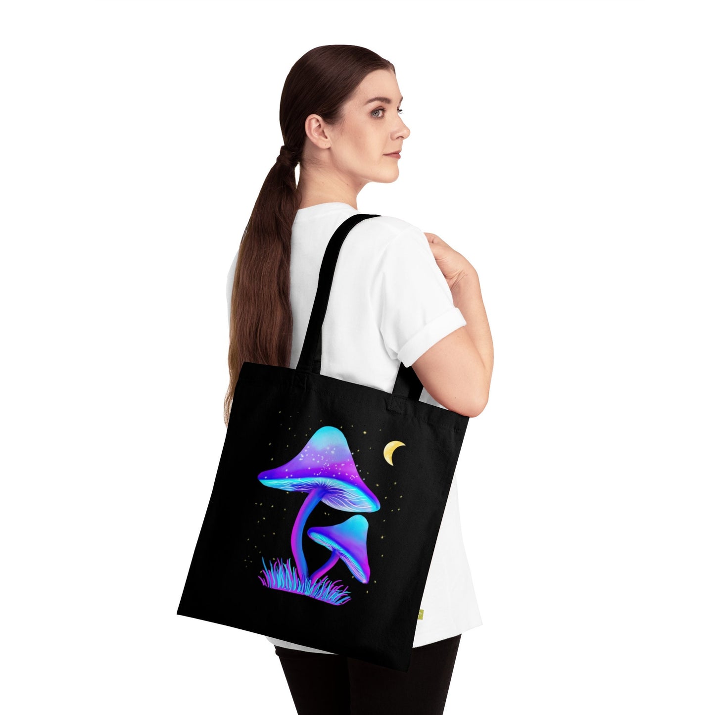 Trippy Psychedelic Trippy Mushroom Tote Bag, Organic Mushroom Tote bag, Black Vibrant Bioluminescent Mushroom Art, Colorful Trippy Cosmic