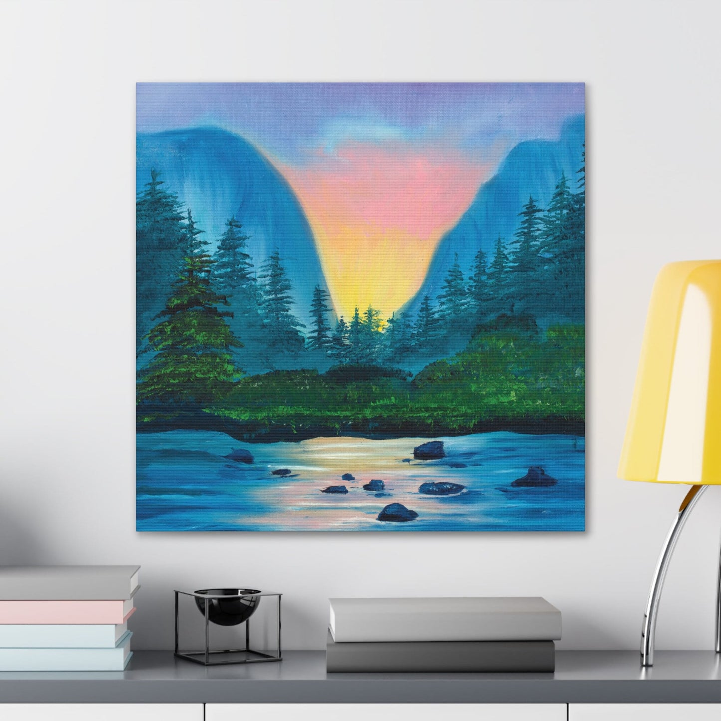 Mountain Lake Nature Scene Oil Painting, Canvas Gallery Wraps, Nature lover art canvas ready to hang, Forest Art Scene Lake Sunset Painting