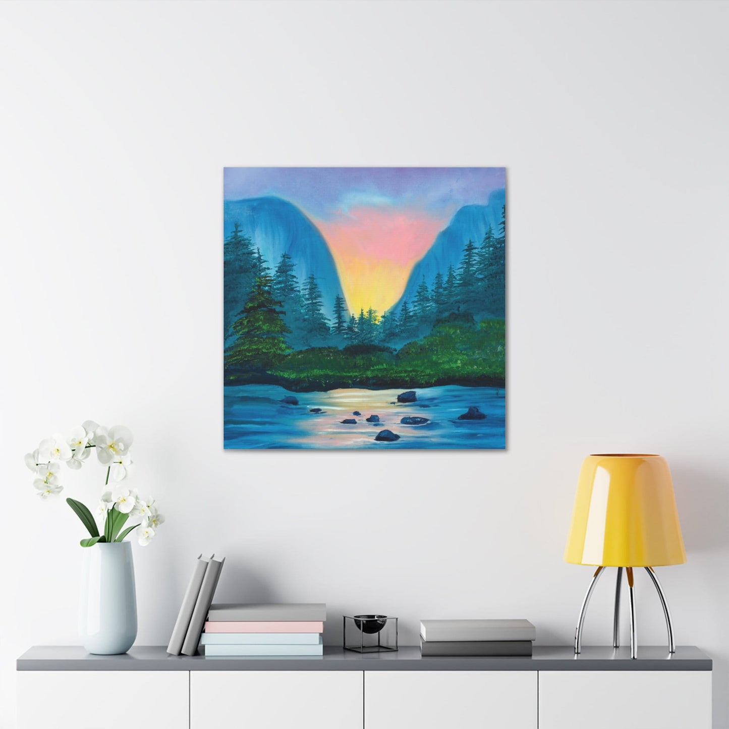 Mountain Lake Nature Scene Oil Painting, Canvas Gallery Wraps, Nature lover art canvas ready to hang, Forest Art Scene Lake Sunset Painting