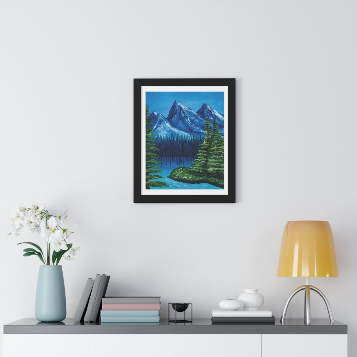 Framed Nature Scene Mountain Landscape Vertical Poster, oil Painting, Wall decor, Bedroom living room wall art, home decor, lake mountain