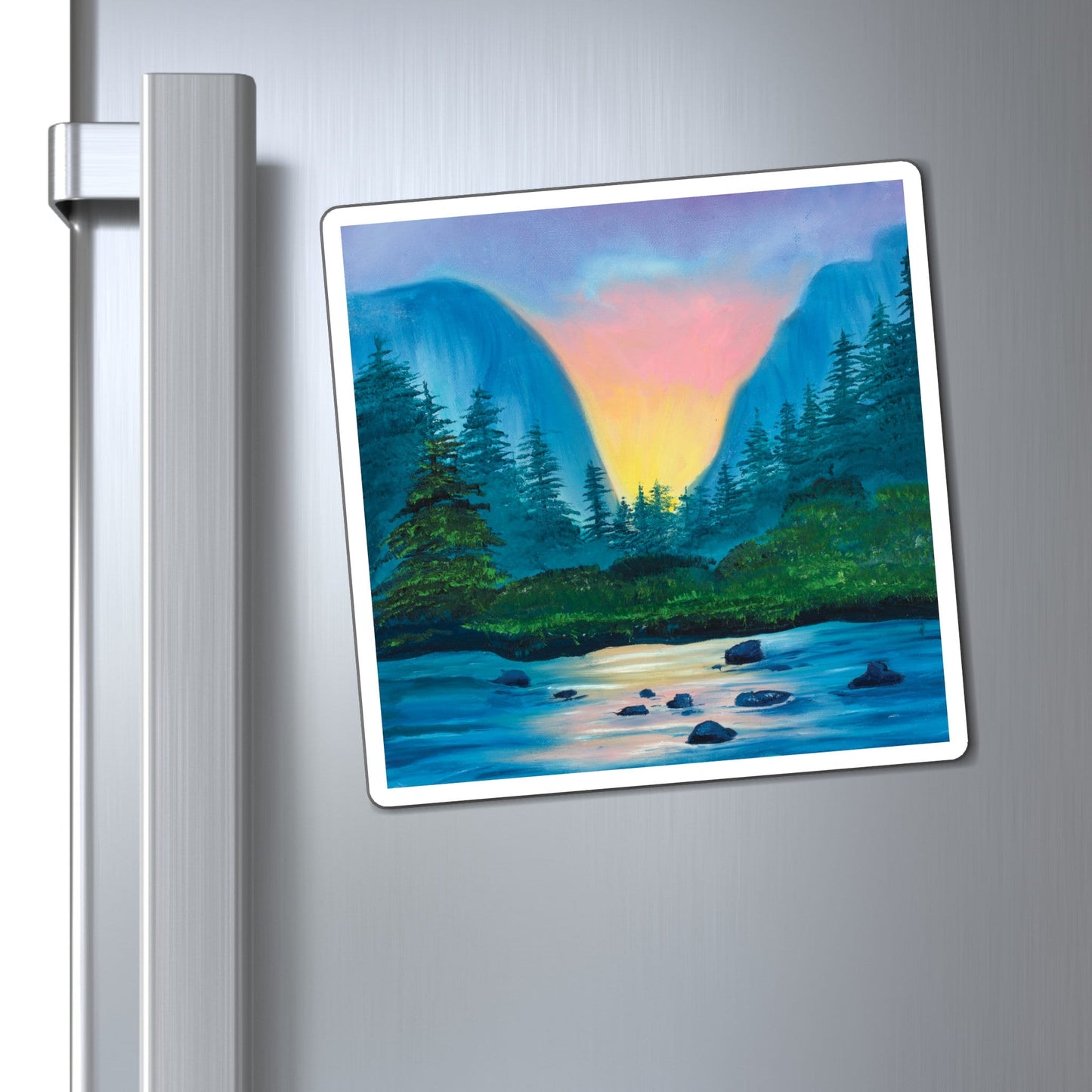 Pretty Nature Landscape Fridge Magnet, Mountain Lake sunset oil painting, Pretty Magnet Art, Original Painting Magnet