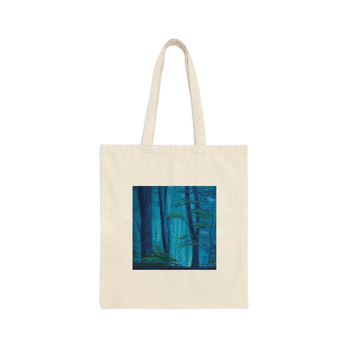 Enchanted Forest nature scene cotton tote, glowing fireflies forest, pretty oil painting mythical forest, enchanted woods, reusable tote