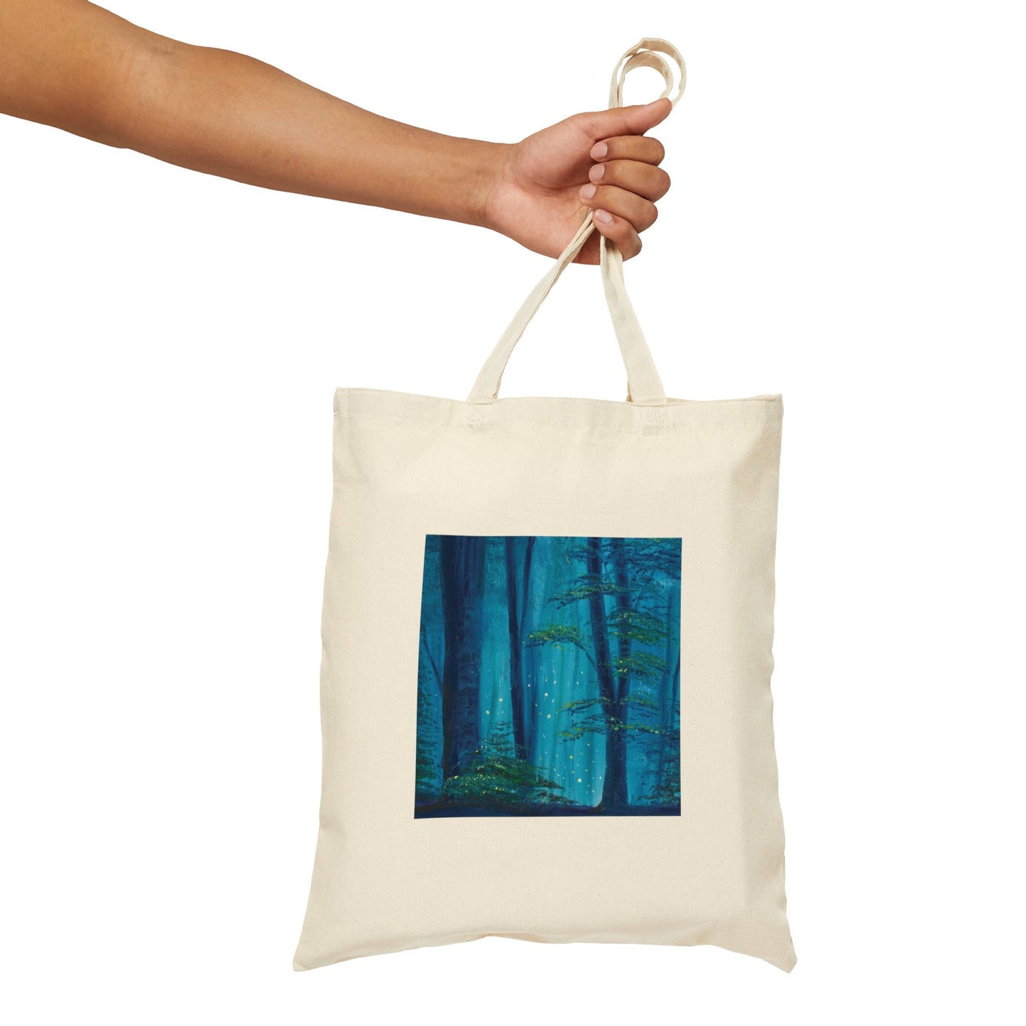 Enchanted Forest nature scene cotton tote, glowing fireflies forest, pretty oil painting mythical forest, enchanted woods, reusable tote