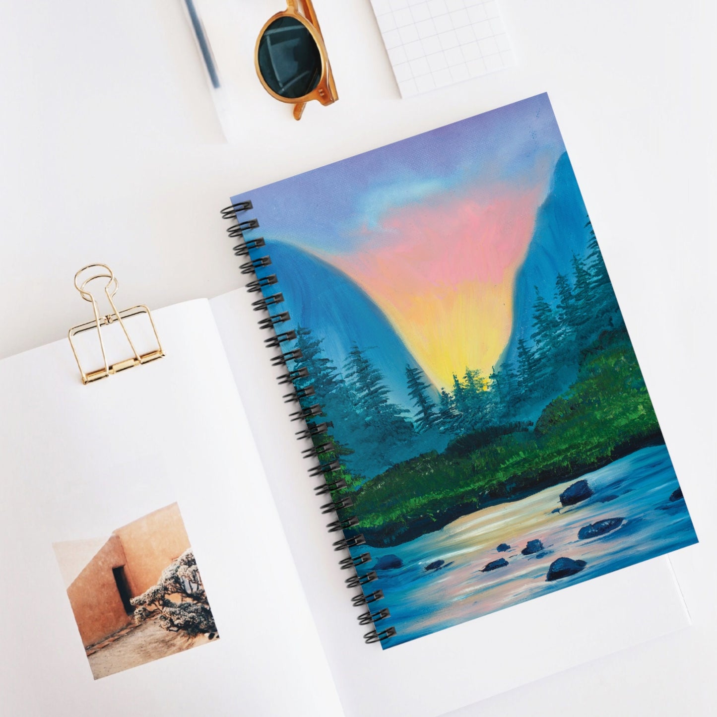 Pretty Journal Notebook, nature mountain landscape art oil painting, pretty mountain landscape lake oil painting, colorful painting