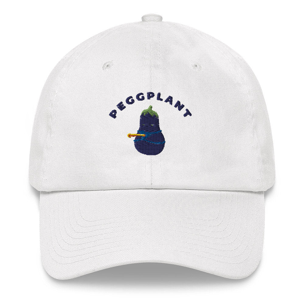 Funny Sexy Vegetable Peggplant Pun, Funny Embroidered Dad hat, Goofy Sarcastic Punny Hat, Eggplant Wearing Peg Hat, Funny Joke Hat Art