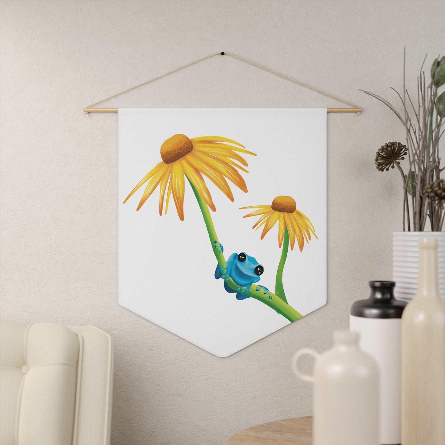 Cute Frog Pennant, wall art decor, home decor wall art, cute pretty frog art, gift for frog lover, Cute Funny Frog on Flower Poster