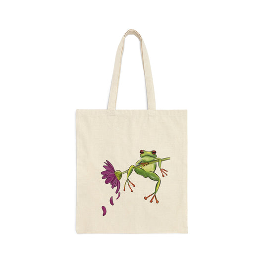 Cute Frog Flower Art Cotton Canvas Tote Bag, Frog on flower cute, frog aesthetic tote bag, toadstool bag, funny tote bag cute, frog flower